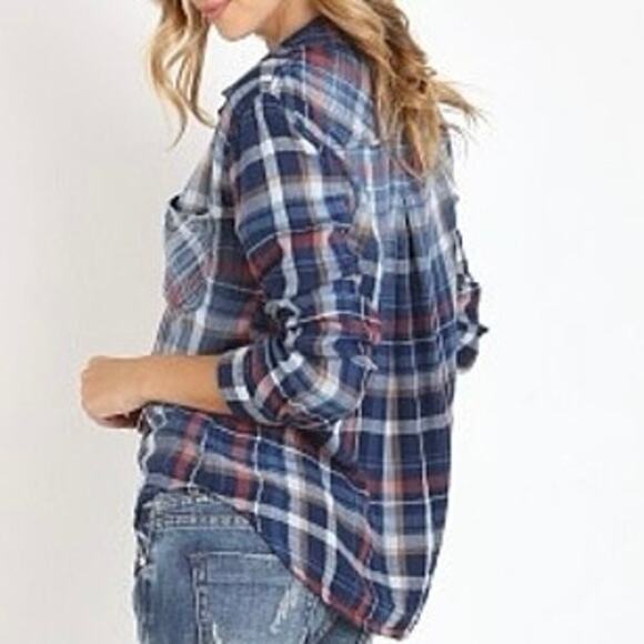 BELLA DAHL Pocket Button Down Vintage Wash Soft Flannel Plaid Shirt - Sz M - Picture 2 of 6